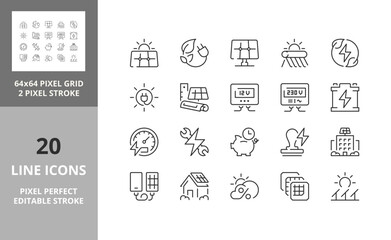 Solar energy and photovoltaic installations, thin line icon set. Outline symbol collection. Editable vector stroke. 64 and 256 Pixel Perfect scalable to 128px