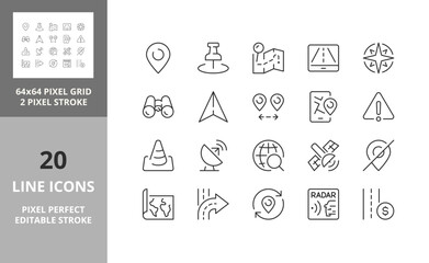 Fototapeta na wymiar Navigation and location, thin line icon set 2/2. Outline symbol collection. Editable vector stroke. 64 and 256 Pixel Perfect scalable to 128px