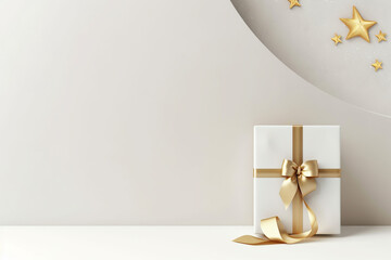 Gift box with gold ribbon and stars on white background. 3d rendering.