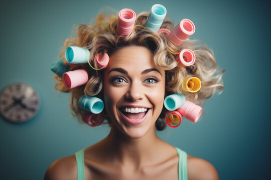 Fun blonde woman with curlers and rollers in her hair on a clean background