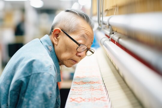 jacquard loom specialist examining fabric quality