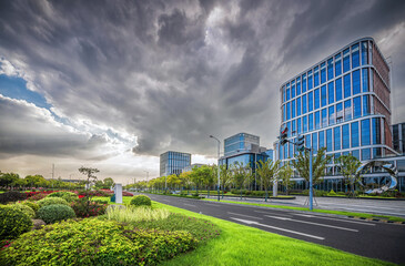 Fototapeta na wymiar Corporate Office Park with Art Sculpture and Landscaping