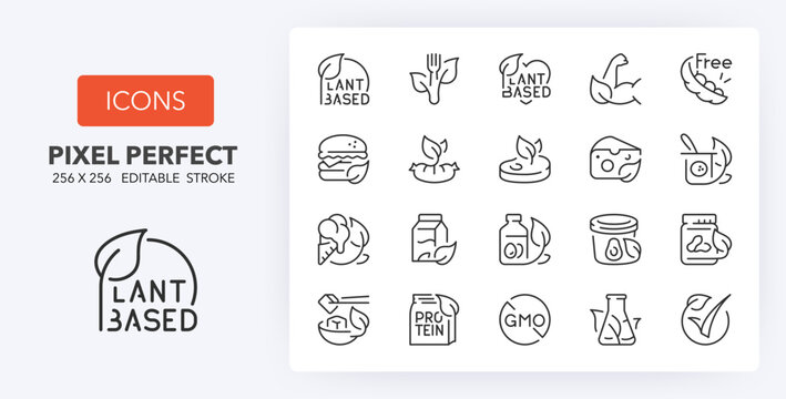 Plant based diet thin line icon set. Outline symbol collection. Editable vector stroke. 256x256 Pixel Perfect scalable to 128px, 64px...