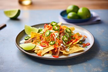 nachos with sliced chili peppers and lime zest