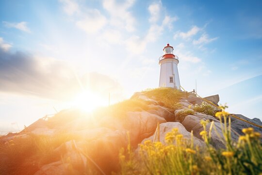 sunrise rays illuminating a hilltop lighthouse