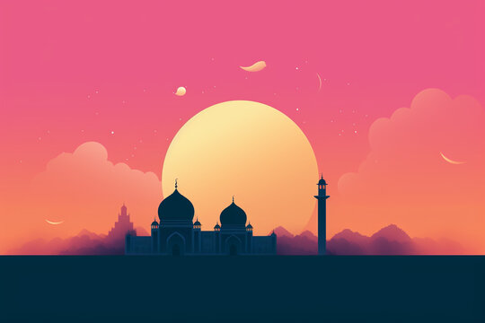 Illustration of mosque with full moon in background. Ramadan Kareem background.