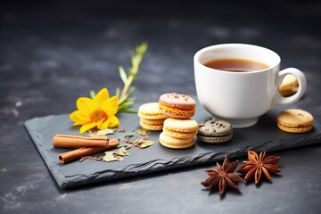 assorted macarons on slate with coffee cup