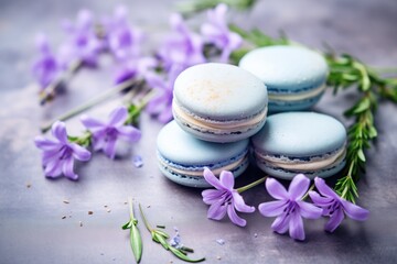 Obraz na płótnie Canvas lavender macarons, lilac flowers alongside