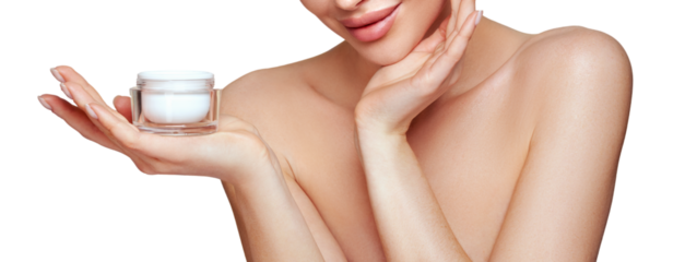 Beauty woman applying cream on her face. Young woman with clean fresh skin. Model with a jar of face cream