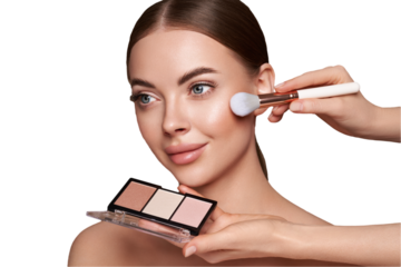 Makeup Artist applies Eye Shadow. Beautiful Woman Face. Perfect Makeup. Make-up detail. Beauty Girl with Perfect Skin. Nails and Manicure. Eye Shadow Palette