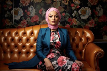 Graceful Arab businesswoman in hijab, sitting on a large chair