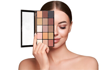 Beauty woman with eye shadow makeup palette. Model with healthy perfect skin, close up portrait....
