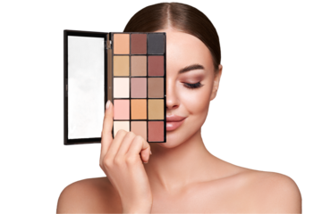 Beauty woman with eye shadow makeup palette. Model with healthy perfect skin, close up portrait. Cosmetology, beauty and spa