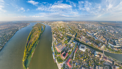 Astrakhan, Russia. Panorama of the city from the air in summer. The Volga River and Gorodstoy...