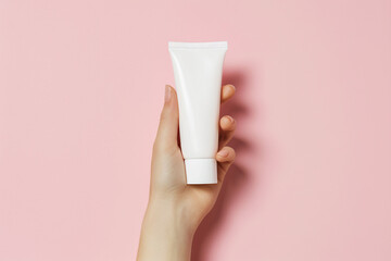 a mockup of a white blank cosmetic cream tube on a woman's Hand Holding in a light pink Background Stock photography, a blank Label cream packaging container for skincare, Beauty product