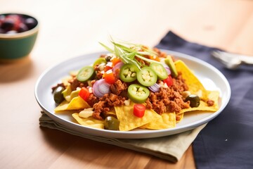nachos loaded with ground beef and olives