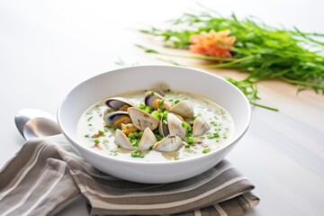 clam chowder in a white bowl with chopped chives