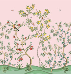 Chinoiserie style Seamless pattern with peonies trees, butterfly and birds illustration