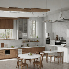 Ai generate a photo of a kitchen space with a kitchen set, marble table, minimalist wooden chairs, high detail, realistic, with a white background, in a bright morning atmosphere.