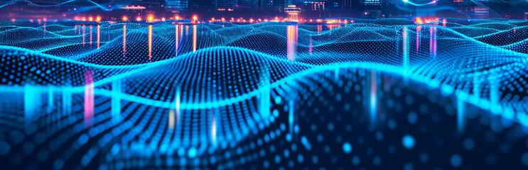 Data processing technology abstract futuristic illustration. Low poly shape with connecting dots and lines on a dark background. 3D rendering. Big data visualization. Selective focus