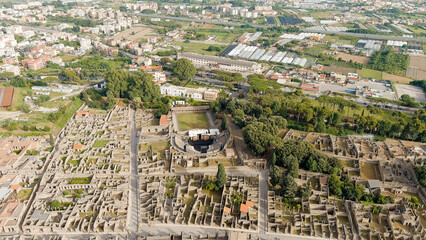 Pompeii, Italy. Pompeii is a large ancient Roman city, now a large-scale archaeological complex. General view from above, Aerial View