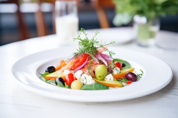 greek salad with feta, olives, and fresh vegetables on white plate