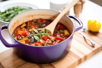 ratatouille in a pot, mid-stir with a wooden spoon