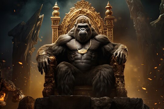 Portrait of a majestic Gorilla with his crown and throne © jambulart