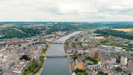 Namur, Belgium. Panorama of the central part of the city. River Meuse. Summer day, Aerial View
