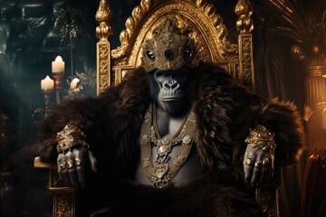 Portrait of a majestic Gorilla with his crown and throne - obrazy, fototapety, plakaty