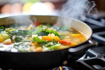 close-up, steaming minestrone, colorful veggies floating