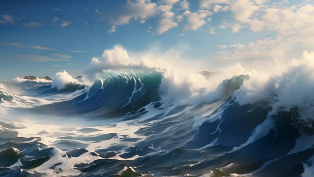 The oncepeaceful ocean erupts into a frenzy of churning white water as the colossal tsunami waves smash into the shore.