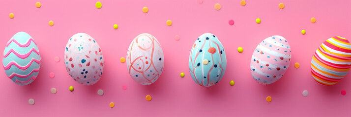 Fototapeta na wymiar Banner with easter eggs on pink background