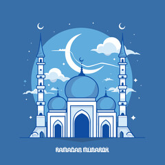 A simple and elegant line art drawing of a mosque with a crescent moon and stars. The mosque has a dome and two minarets, and the lines are delicate and graceful. The image is serene and peaceful, and