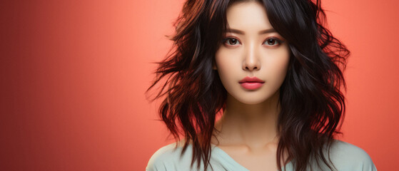 Obraz premium Beautiful young asian woman with flying hair, isolated on red