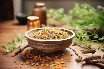 decorative bowl of kurma surrounded by herbs