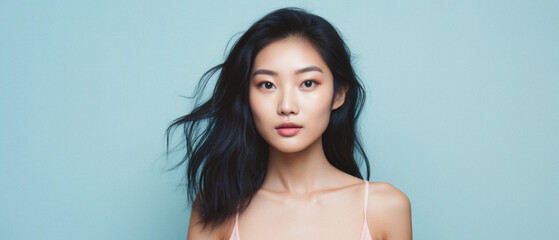 Beautiful young asian woman with clean fresh skin on blue background . - obrazy, fototapety, plakaty