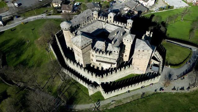Aerial view of Fenis castle Valle d'Aosta Italy shot with rotation view from top to bottom