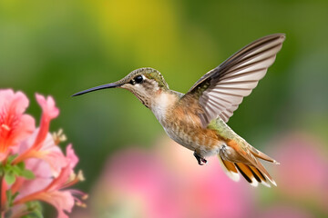 Fototapeta na wymiar Anmut in der Luft: Ein majestätischer Kolibri zeigt seine lebendige Schönheit im fließenden Flug, ein farbenprächtiges Naturspektakel der leichten Eleganz