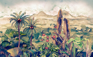Landscape with tropical plants and mountains. Hand drawn watercolor illustration with tropical view - 709569571