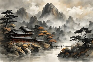 Chinese traditional ink painting of castle ai generation