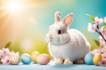 Easter banner with painted eggs, cherry blossoms and a cute little white rabbit on a pastel background. Soft light. Copy paste