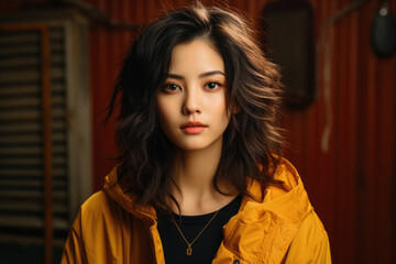 Fototapeta premium Portrait of a beautiful young asian woman in yellow raincoat