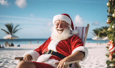 Christmas Santa Claus resting on sun at lounger chair at ocean tropical beach