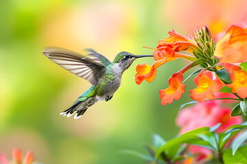 Anmut in der Luft: Ein majestätischer Kolibri zeigt seine lebendige Schönheit im fließenden Flug, ein farbenprächtiges Naturspektakel der leichten Eleganz - obrazy, fototapety, plakaty
