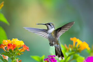Fototapeta premium Anmut in der Luft: Ein majestätischer Kolibri zeigt seine lebendige Schönheit im fließenden Flug, ein farbenprächtiges Naturspektakel der leichten Eleganz
