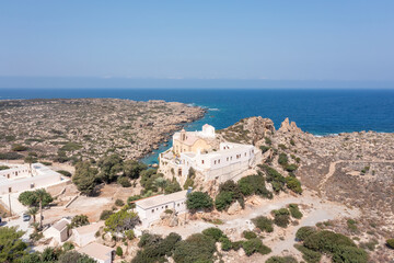 Fototapeta na wymiar Chania town Crete island Greece Chrysoskalitissa Monastery. Aerial drone view of Holy Trinity Church
