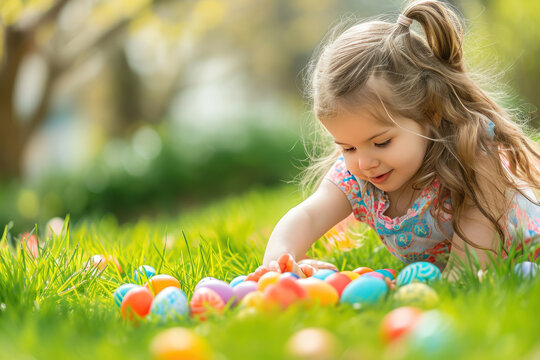 Little girl playing eggs in hunt on Easter