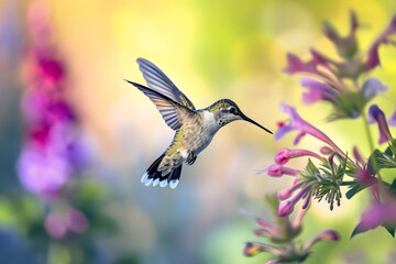 Obraz premium Anmut in der Luft: Ein majestätischer Kolibri zeigt seine lebendige Schönheit im fließenden Flug, ein farbenprächtiges Naturspektakel der leichten Eleganz