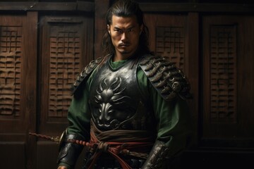Fototapeta na wymiar Close-up portrait of a samurai wearing armor